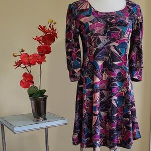 ZARA Dress Skater Skirt Pullover Fitted Bodice 3/4 Sleeve Abstract Color Print L